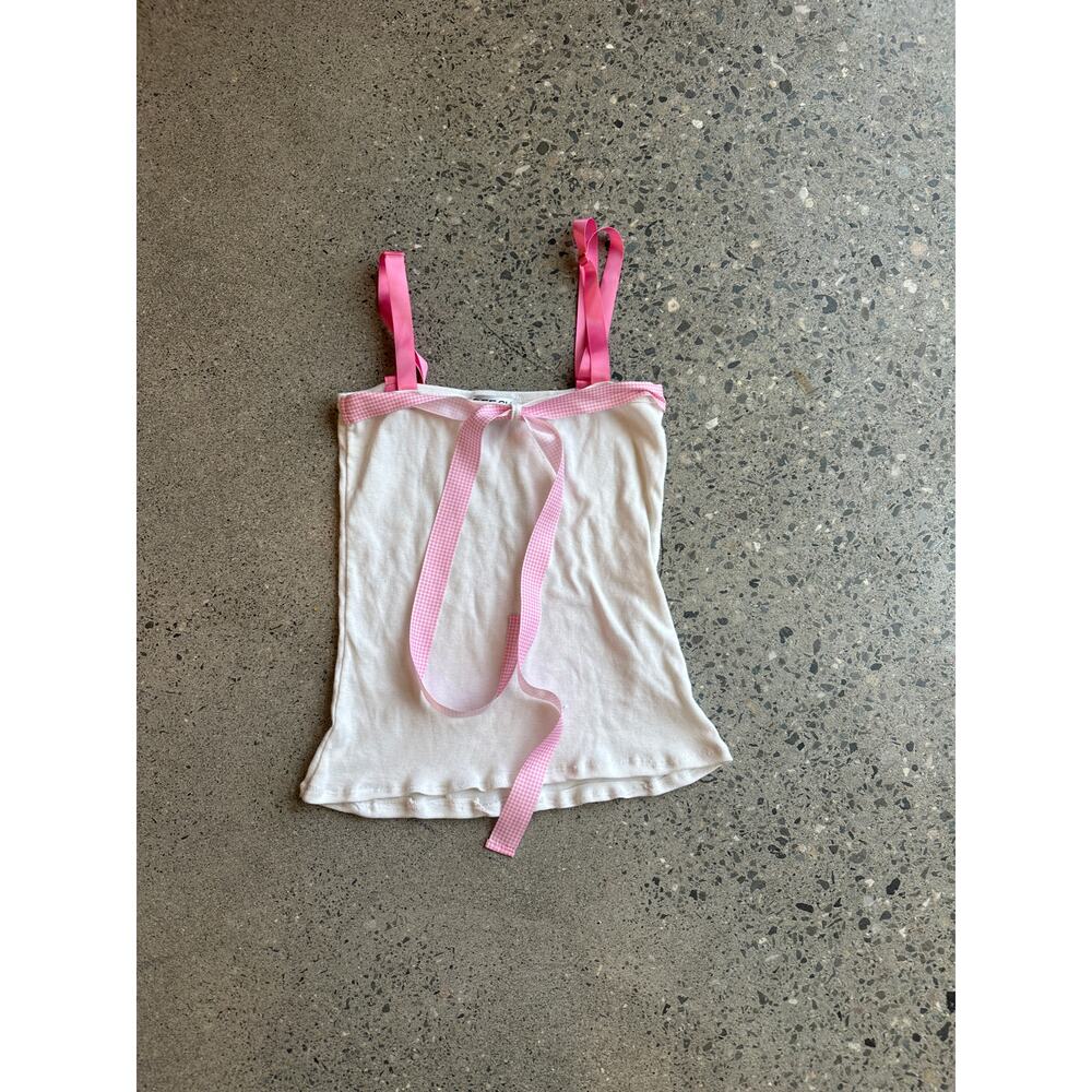 DEESH Women’s 3 Top White Pink Ribbed Cami Pink Ribbon Tie Straps Y2K Early 2000